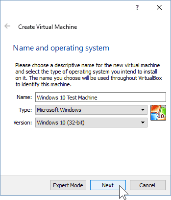 02 Nomeie a nova máquina virtual (instalação do Windows 10)
