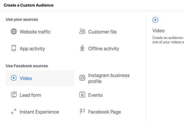 Como promover seu evento ao vivo no Facebook, etapa 8, crie um público personalizado no Gerenciador de anúncios do Facebook com base nas exibições de vídeo