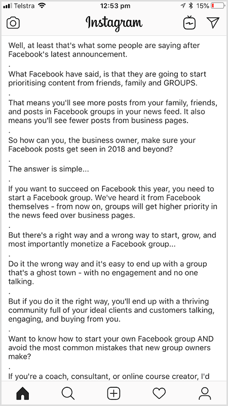 Andrew Hubbard usa pontos para adicionar espaços em branco entre parágrafos de texto no Instagram.