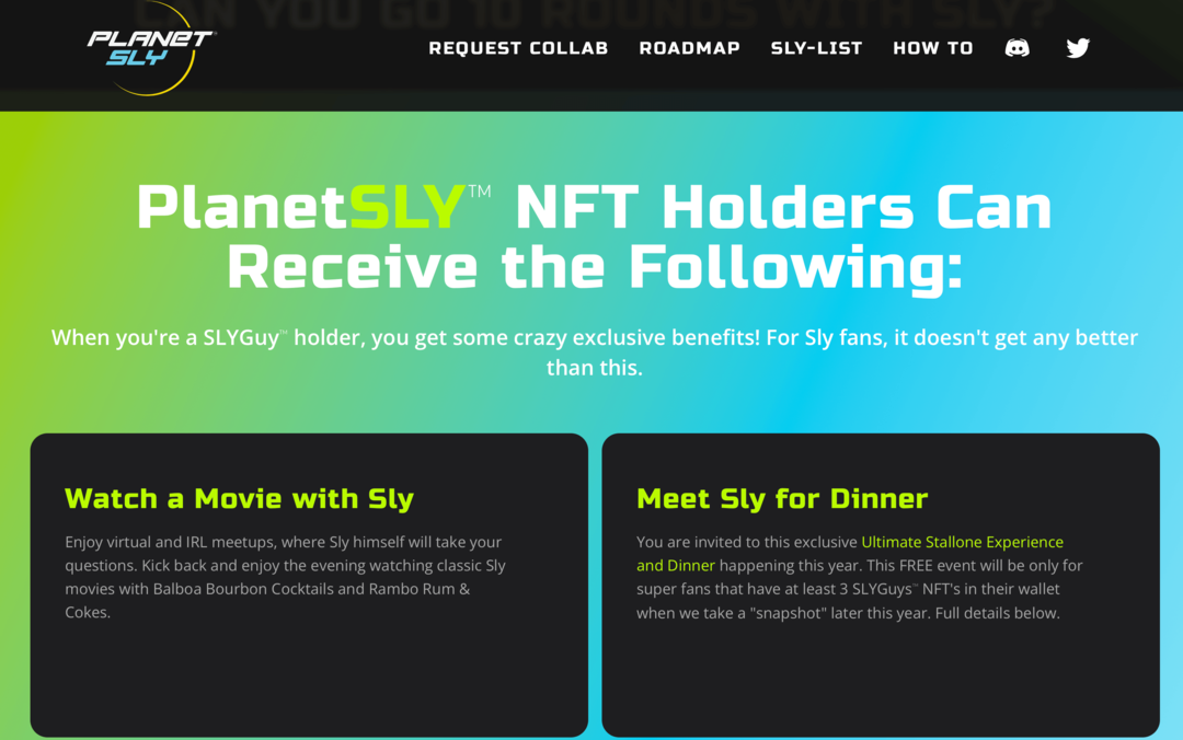 imagem do site PlanetSly explicando os benefícios para os detentores de SLYGuy NFT