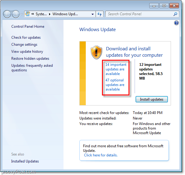 Windows 7 - Captura de tela da página do Windows Update