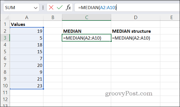 Exemplo de fórmula MEDIAN no Excel