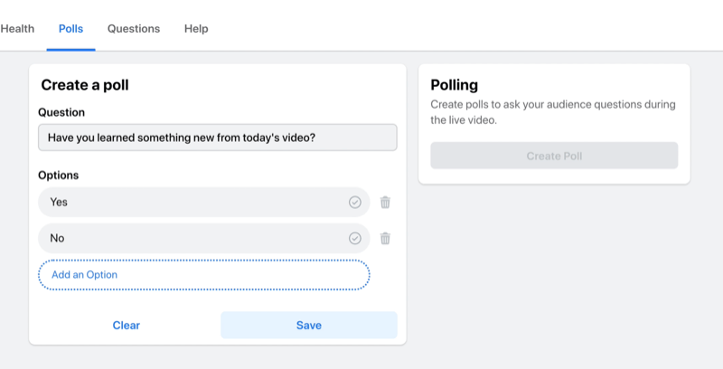 opção de transmissão ao vivo do Facebook para criar uma votação