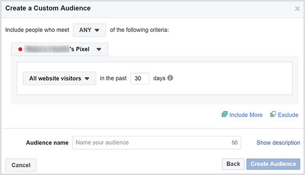 A caixa de diálogo Criar um público personalizado do Facebook tem uma opção para direcionar anúncios a todos os visitantes do site em um determinado número de dias.