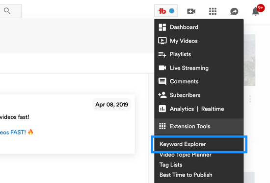 Como usar uma série de vídeos para expandir seu canal no YouTube, opção de menu para a ferramenta exploradora de palavras-chave do TubeBuddy