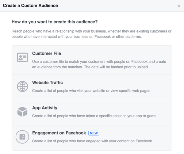 Escolha como você deseja criar seu público personalizado no Facebook.