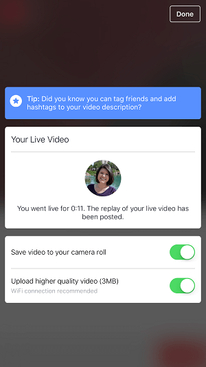 opção de vídeo ao vivo do perfil do Facebook para salvar o vídeo