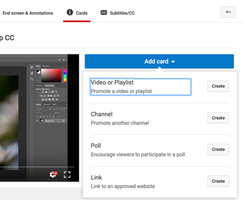 Clique em Adicionar cartão e selecione o tipo de cartão que deseja adicionar ao seu vídeo do YouTube.