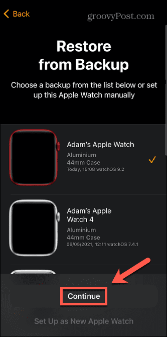 apple watch selecionar backup