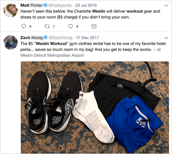 Esta é uma captura de tela dos tweets sobre o programa de aluguel de roupas de ginástica Westin. Jay Baer diz que o programa de aluguel é um exemplo de um gatilho de conversa.