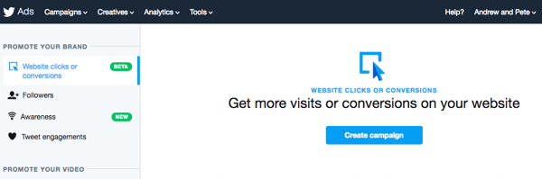 Selecione a opção Cliques ou conversões no site para configurar seu anúncio no Twitter.