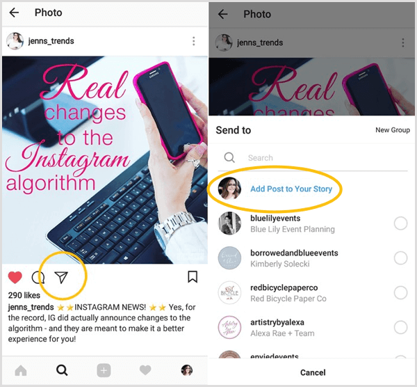 Procure a opção Adicionar postagem à sua história para ver se você tem acesso ao recurso de compartilhar de novo do Instagram.