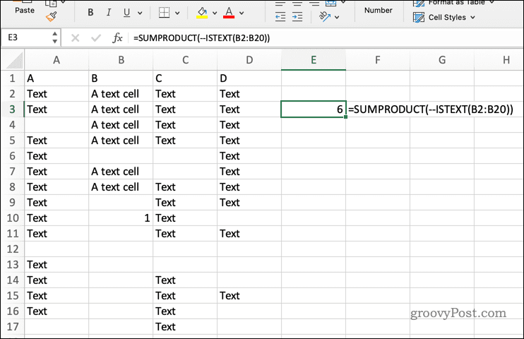 Usando SUMPRODUCT com ISTEXT no Excel