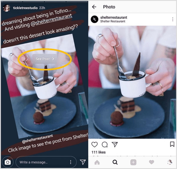 Toque em uma postagem do Instagram compartilhada novamente e, em seguida, toque no botão Ver Post para ir diretamente para a postagem original daquele usuário.