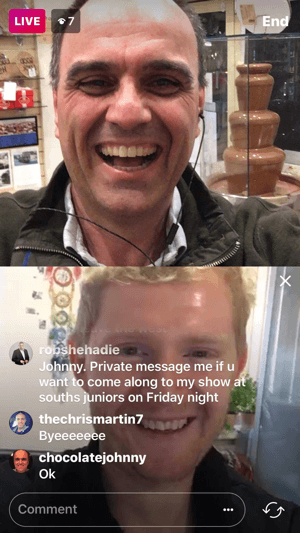 Ter um convidado em seu vídeo ao vivo do Instagram divide a tela em dois quadrados com o host na tela de vídeo superior.