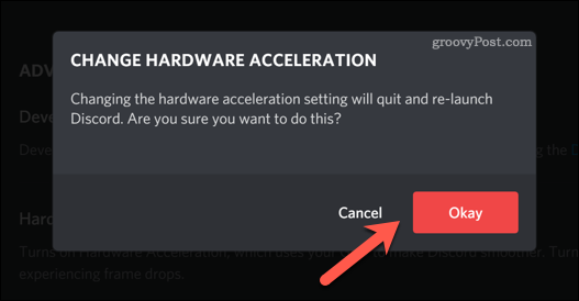 Confirmando uma alteração nas configurações de aceleração de hardware do Discord
