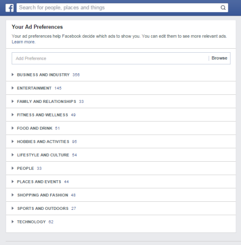 categorias de preferência de anúncio do Facebook