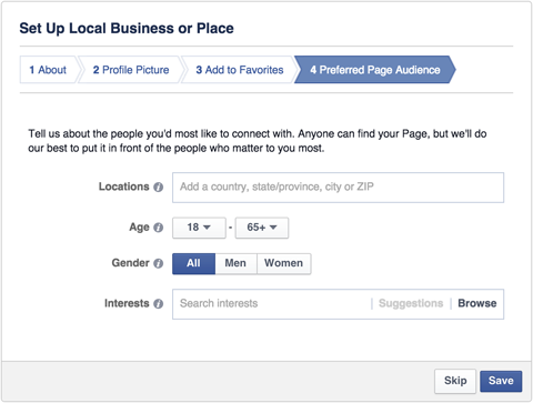 público preferencial da página local de negócios do Facebook