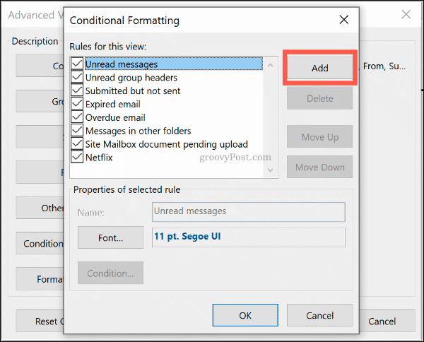 Clique em Adicionar para adicionar uma nova regra de formato condicional no Outlook