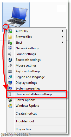 no menu de contexto do seu computador com Windows 7 e vá para as configurações de instalação do dispositivo
