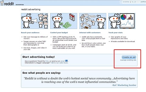 página de publicidade do reddit