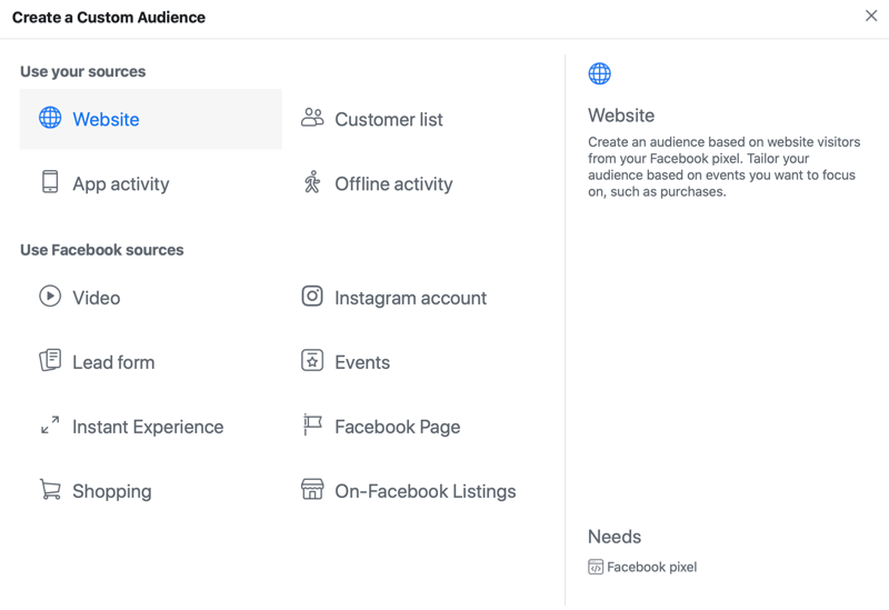 opções de menu de público personalizado de anúncio do Facebook com a opção de origem do site selecionada