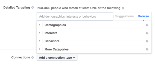 O Facebook oferece três categorias principais de segmentação.