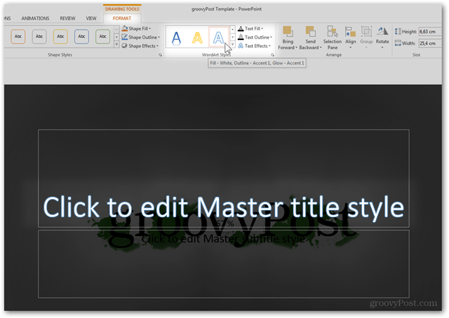 Criação de modelo do Office 2013 Criar design personalizado POTX Personalizar slides Slides Tutorial Como WordArt Estilo Propriedades da cor da fonte Predefinição de texto Editar