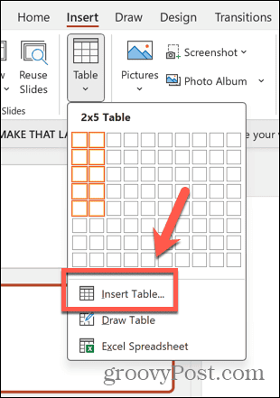 tabela de inserção do powerpoint