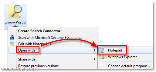 abra um conector de pesquisa com o bloco de notas para editá-lo no Windows 7