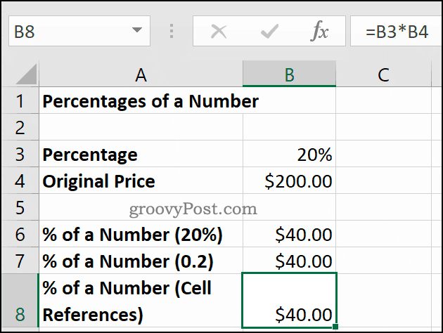 Porcentagens de um número, mostradas no Microsoft Excel