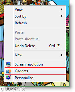 acesso ao menu de contexto de gadgets do leitor de feeds do Windows 7