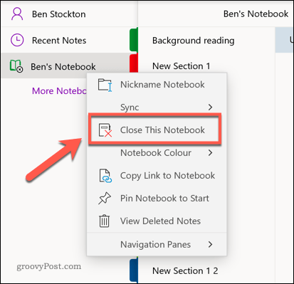 Opção para fechar o OneNote Notebook