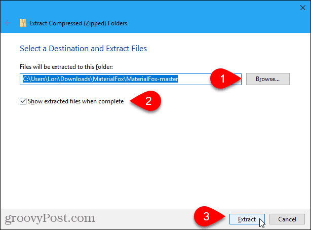 Caixa de diálogo Extrair do Windows 10