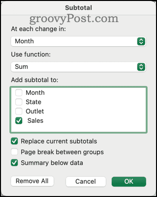 Caixa de diálogo Subtotal no Excel