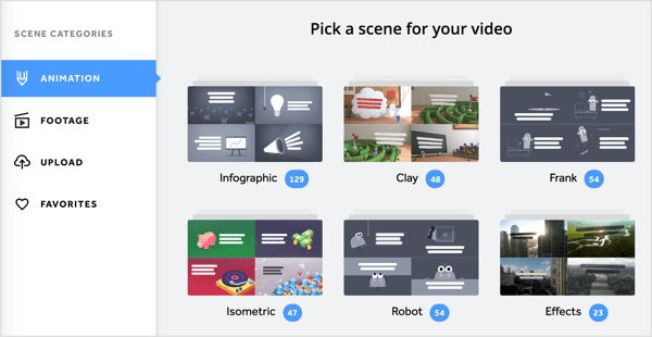 Você pode adicionar uma variedade de animações e imagens de vídeo ao seu vídeo Biteable.