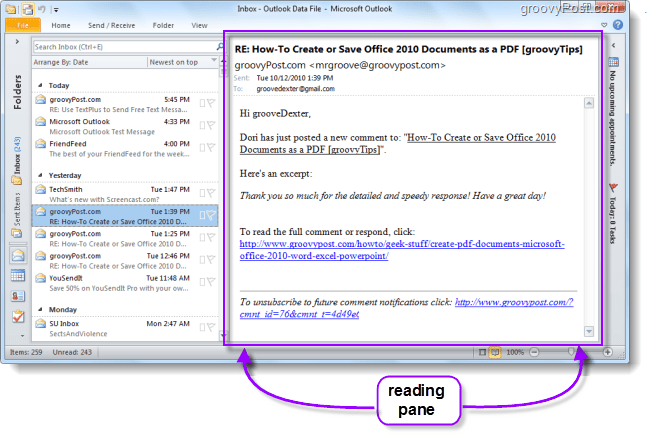 Painel de leitura do Outlook 2010, exibir emails