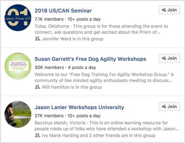 exemplos de grupos do Facebook para participantes de eventos