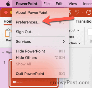 Abra as preferências do Mac PowerPoint