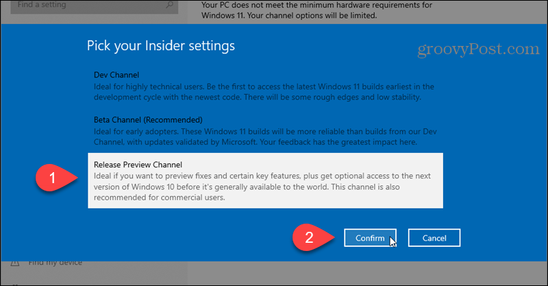 Selecione o Canal de Release Preview para o Programa Windows Insider