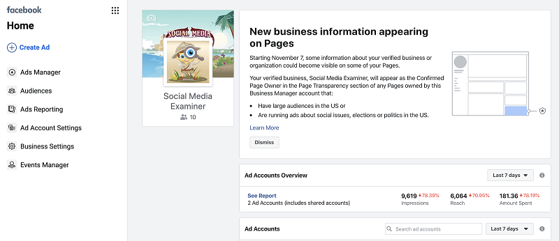 O Facebook alerta os usuários do Business Manager para verificar seus negócios.