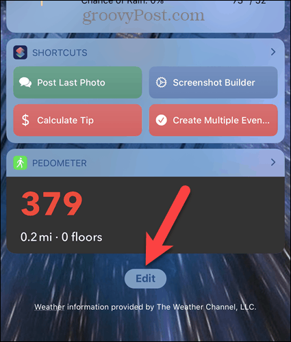 Toque em Editar na tela de Widgets do iPhone