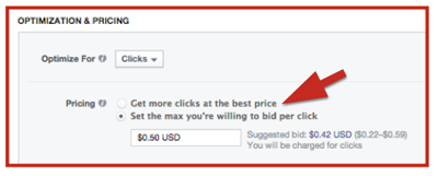 opções de preços de anúncios do Facebook