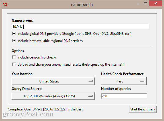GUI do namebench no Windows 8