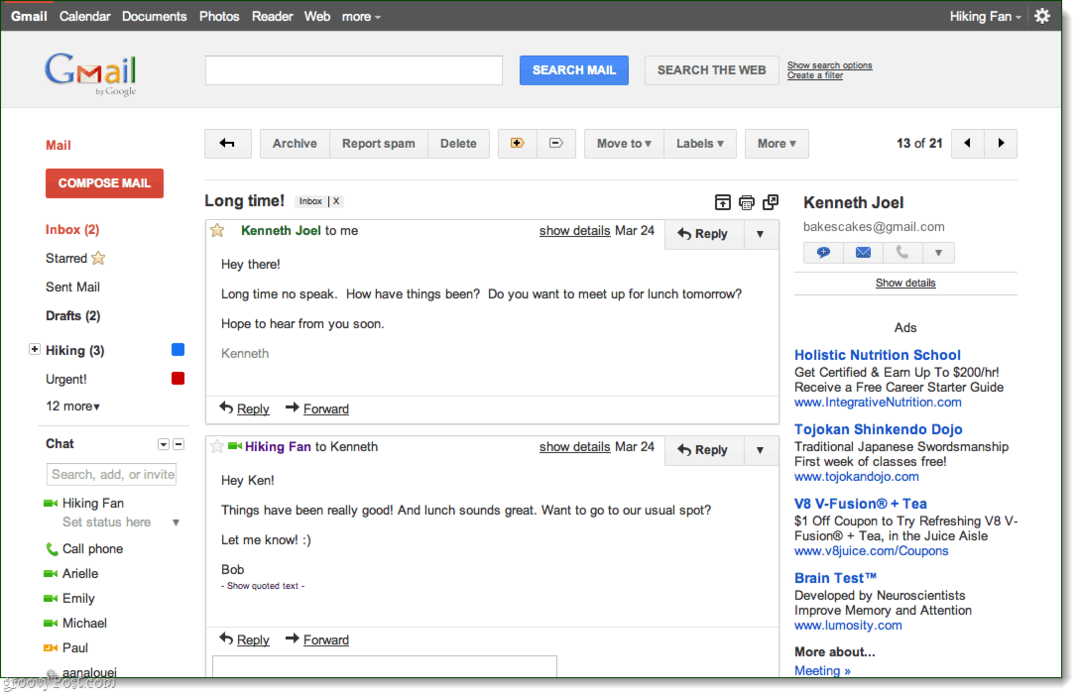Tema de conversa de visualização do Gmail