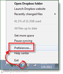 ícone da barra de tarefas de preferência do dropbox