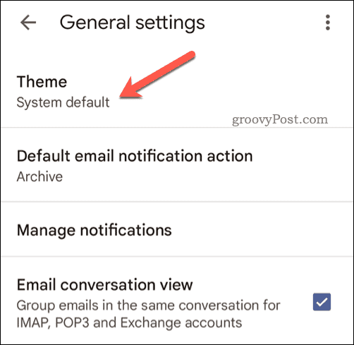 Selecione o tema móvel do Gmail
