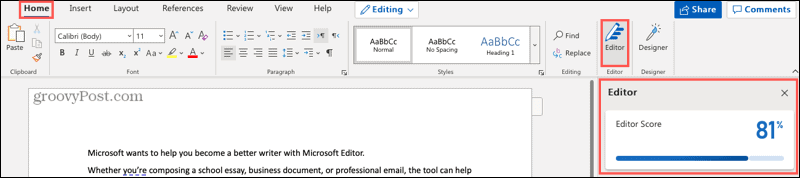 Botão e barra lateral do Microsoft Editor no Word online