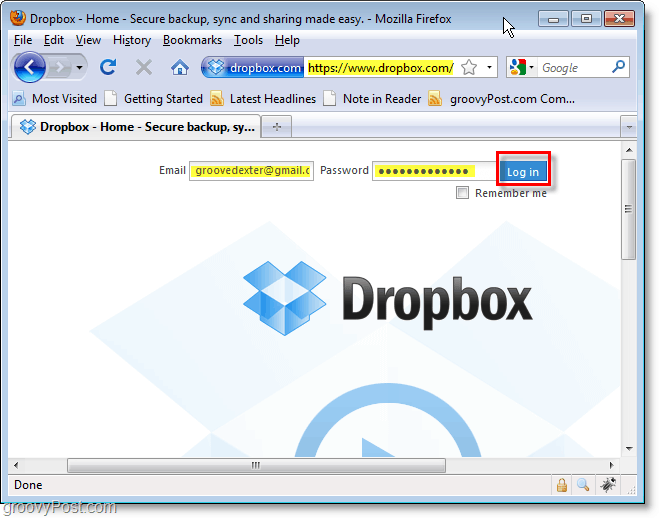 Captura de tela do Dropbox - faça login no dropbox