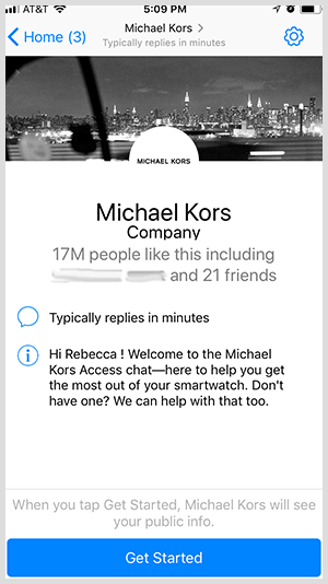 Para optar por um bot do Messenger como o de Michael Kors, os usuários clicam no botão Primeiros passos.